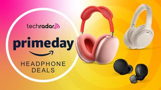 Three pairs of headphones with a sign saying Prime Day Headphones Deals