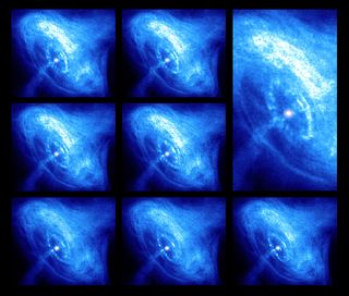 a series of images of the crab pulsar showing a bright white pulsar at the center and jets of matter firing off out into space.