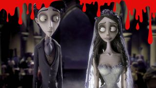 The two lead characters in the Corpse Bride standing at the altar