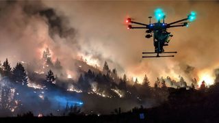 Department of the Interior Drone Conducting Aerial Ignition Operations – a hexacopter drone flying near a wildfire