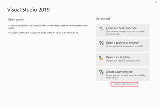 Visual Studio 2019 get started options