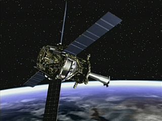 Artist's concept of Gravity Probe B spacecraft in orbit around the Earth.