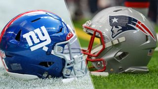 (L to R) The NY Giants and New England Patriots helmets