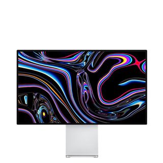 Apple Pro Display XDR showing multiple swirling colors against a white background.