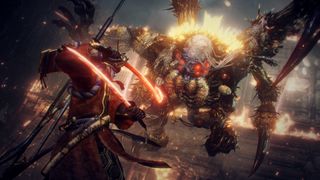 Huvudkaraktären i The Nioh Collection slåss mot ett enormt monster.