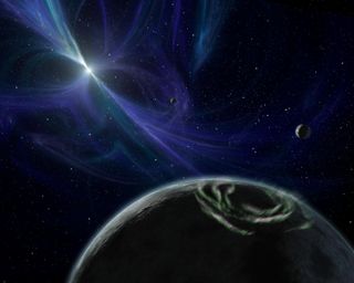 Three planets are known to orbit the pulsar PSR B1257+12, as depicted in this artist&#039;s illustration. In a new study, researchers suggest that a half-dozen other pulsar-circling planets might be made of exotic &quot;strange matter.&quot;