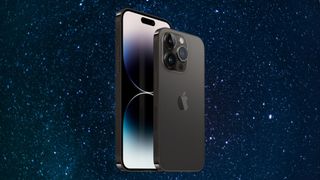 A picture of the iPhone 14 Pro on a starry background.