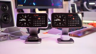 iPhone 16 and iPhone 15 charging on the Satechi Qi2 Wireless Charging Stand