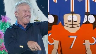 John Elway on The Masked Singer smiling. Split image with John Elway in the animated South Park series. 