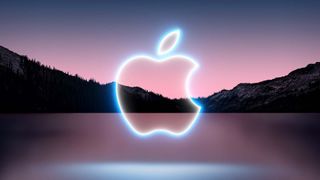 Apple logo in neon over Californian landscape