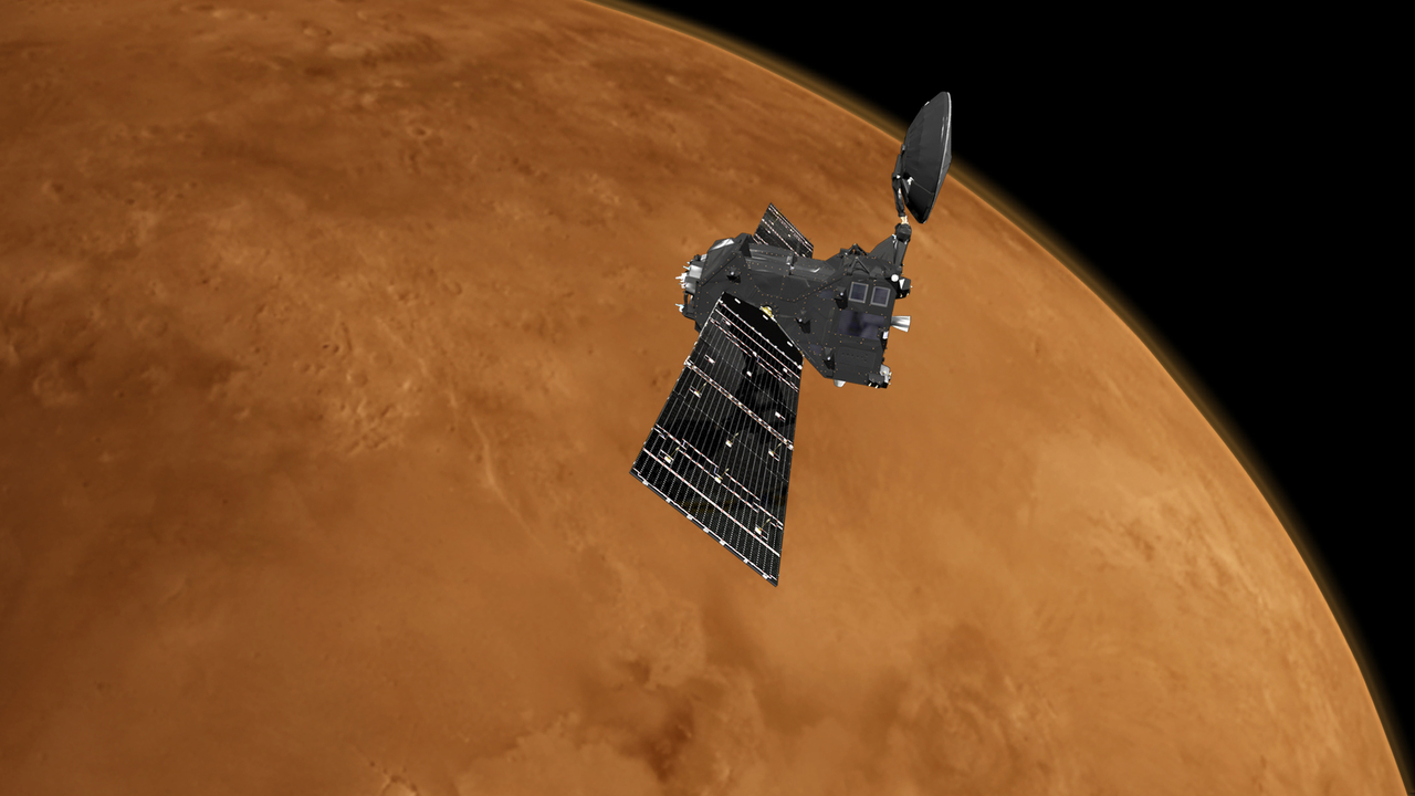 Graphic showing the exomars gas trace orbiter orbiting above the surface of Mars, the Red Planet can be seen in the distance. 