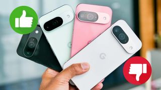 Google Pixel 9 models held in one hand with thumbs up and thumbs down