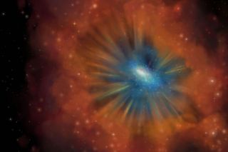 An artistic conception of an energetic quasar that has cleared out the gas and dust in the center of the galaxy and is pushing it to the outskirts. Soon, there will be no gas and dust left to build new stars.