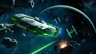 Still from the video game Star Wars Outlaws. Here we see a dogfight in space. A flat, rectangular ship is being fired at by several enemy spaceships. They're going through an asteroid field, so there are lots of chunks of rock floating about.