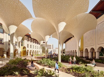 Blanton Museum of Art in Austin, Texas by Snohetta showing its outdoor areas, mushroom shaped capony and gardens