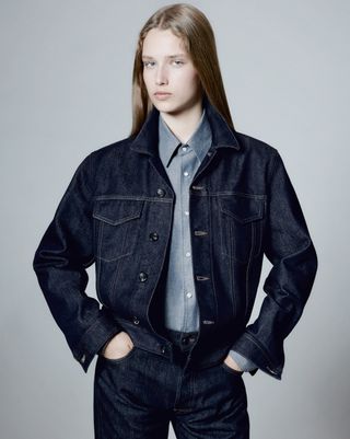 Model wearing denim Loro Piana Silk Denim jacket