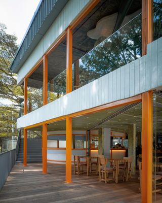 Exterior of AIR, a staircase with orange details