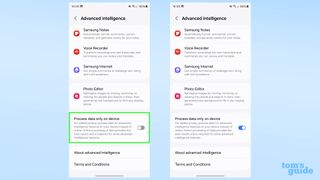 The on-device AI processing toggle in the Advanced intelligence menu on Galaxy S24