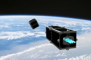 CleanSpace One is chasing its target, one of the CubeSats launched by Switzerland in 2009 (Swisscube-1) or 2010 (TIsat-1). Image released Feb. 15, 2012.