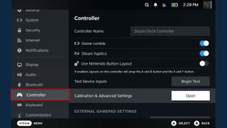 Steam Deck Controller tab.