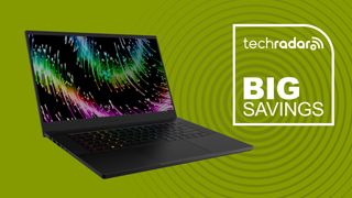 The Razer Blade 15 on a greenbackground with a TechRadar 'Big Saving' badge.