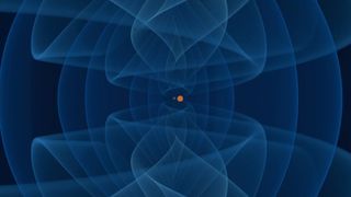 crazy wavy blue lines swirl around an orange dot.