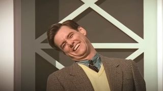 Jim Carrey tells his neighbors hello in a very overly positive way.