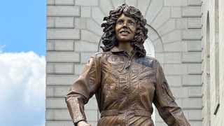 A statue of fallen "Teacher in Space" Christa McAuliffe is seen after its unveiling at the New Hampshire State House. 