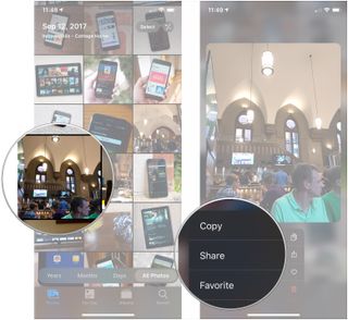 Haptic Touch Live Photos, showing how to long-press a photo, then tap an action