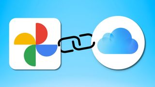 The Google Photos and iCloud logos linked together in front of a blue background