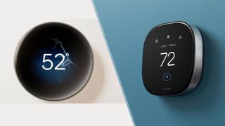 Nest Gen 4 on wall side by side with Ecobee Premium Smart Thermostat