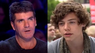 From left to right: a side-by-side of Simon Cowell giving feedback druing Niall Horan's X Factor audition in 2010 and Harry Styles outside talking to the camera during his X Factor Audition.