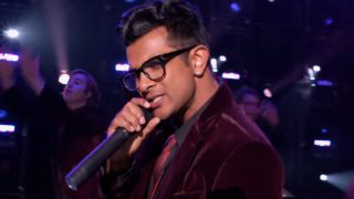 Utkarsh Ambudkar rapping in the Trebelmakers final performance in Pitch Perfect.