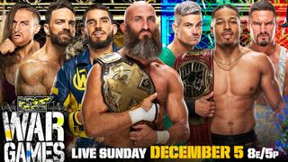 Pete Dunne, LA Knight, Johnny Gargano and Tommaso Ciampa will fight Grayson Waller, Carmelo Hayes, Bron Breakker and (not pictured) Tony D&#039;Angelo on the WWE NXT WarGames 2021 live stream