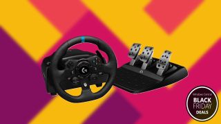 Black Friday banner for Logitech G923 racing wheel and pedals