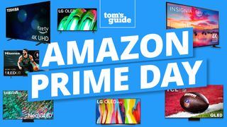 Amazon Prime Day text on a blue background, surrounded by 2023 TV deals