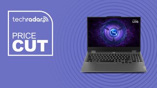  Lenovo LOQ 15 Gaming Laptop on purple background with price cut sign