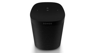 A black Sonos One SL speaker seen from a raised angle on a white background.