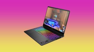 HP Omen 16 Max gaming laptop against purple, pink and yellow gradient background