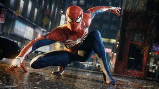 Marvel's Spider-Man Remastered: Spider-Man doing a superhero landing