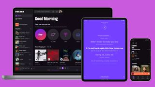 The Deezer apps on a laptop, phone and tablet