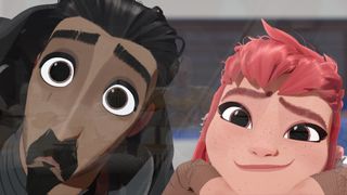 (L, R) Ballister Boldheart (Riz Ahmed) and Nimona (Chloë Grace Moretz) in Nimona