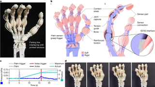 An image of the robotic hand and its internal construction, denoting hard and soft materials used for its single-run fabrication.