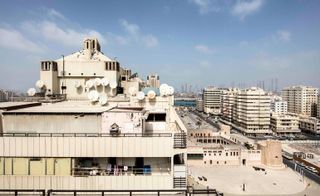 Aerial view of a Bank Street urban fragment with the Al Hisn Fort Museum. 