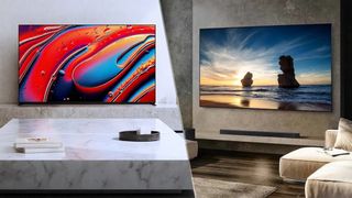 A side-by-side presentation of the Samsung QN90D and the Sony Bravia 9 TVs, each in a different living space