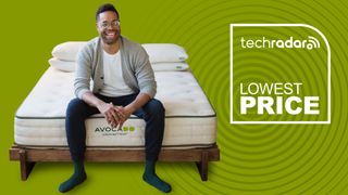 Avocado mattress sales: a person sitting on an Avocado Green mattress with a badge saying &quot;LOWEST PRICE&quot;