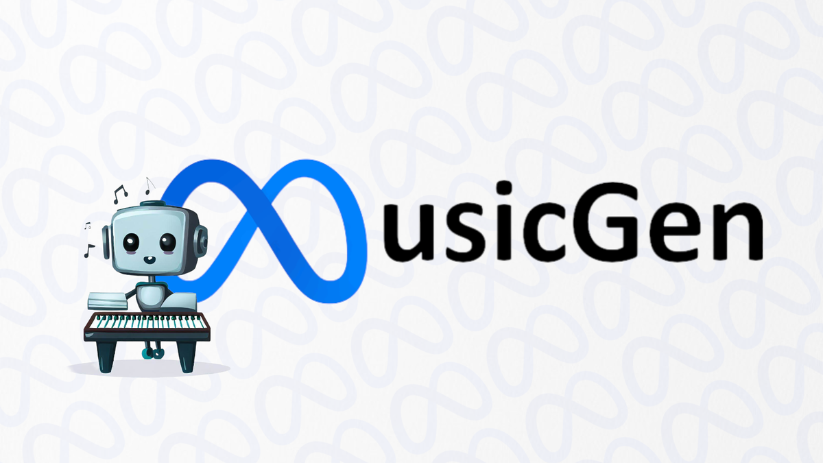 Meta MusicGen logo mockup with small AI generated robot by a keyboard