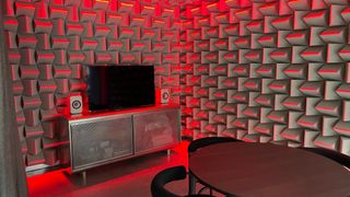 KEF's studio room with TV, speakers and sound dampening material