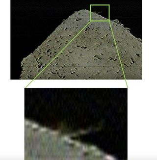 This image captured by Hayabusa2's DCAM3 camera, which deployed from the spacecraft, shows ejection from the asteroid Ryugu's surface was caused by the collision of an impactor. Photo taken at 10:36 p.m. EDT on April 4, 2019 (0236 GMT on April 5).