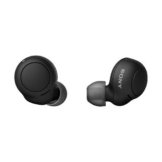 Black Sony WF-C500 earbuds on a white background.
